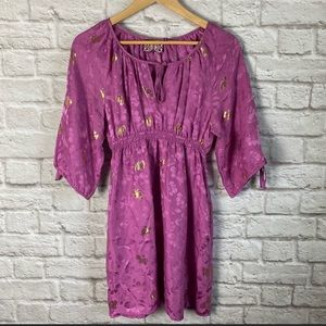 Yumi Kim 3/4 Sleeve mini Dress Pink Gold Accents Silk